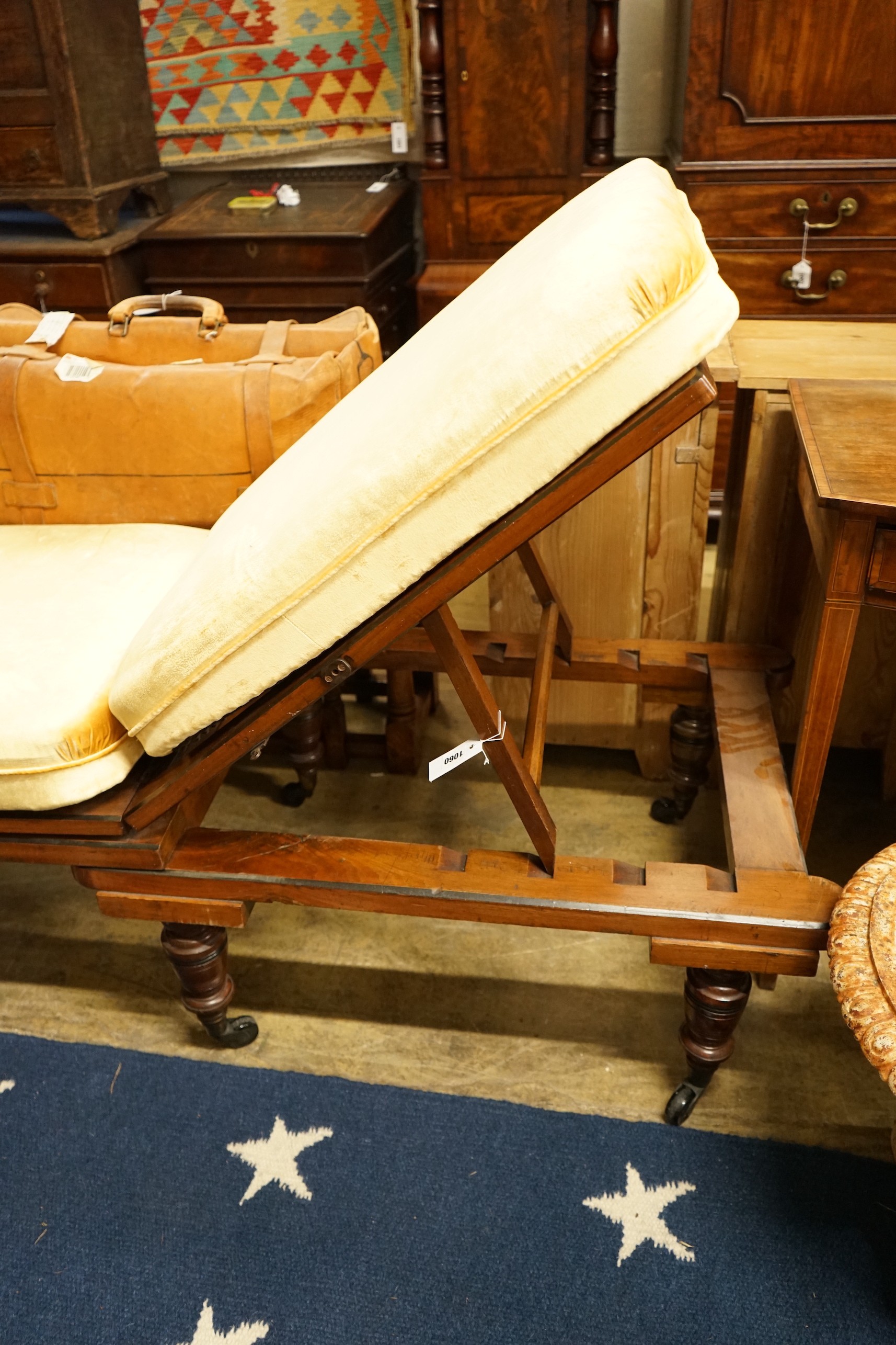 A Victorian mahogany folding campaign daybed, length 200cm